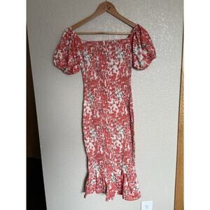 Holly Molly Off The Shoulder Shirred Midi Dress Size 4 Orange Floral New